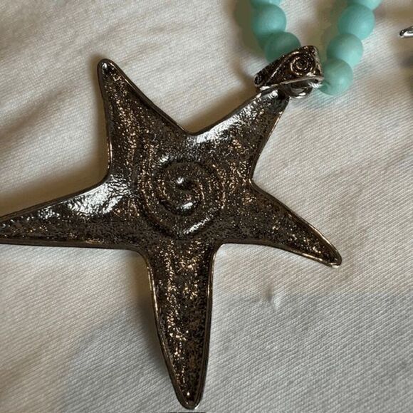 NWT Starfish Statement Necklace and Earrings Set Silver Tone Blue Green Wood - Picture 11 of 11
